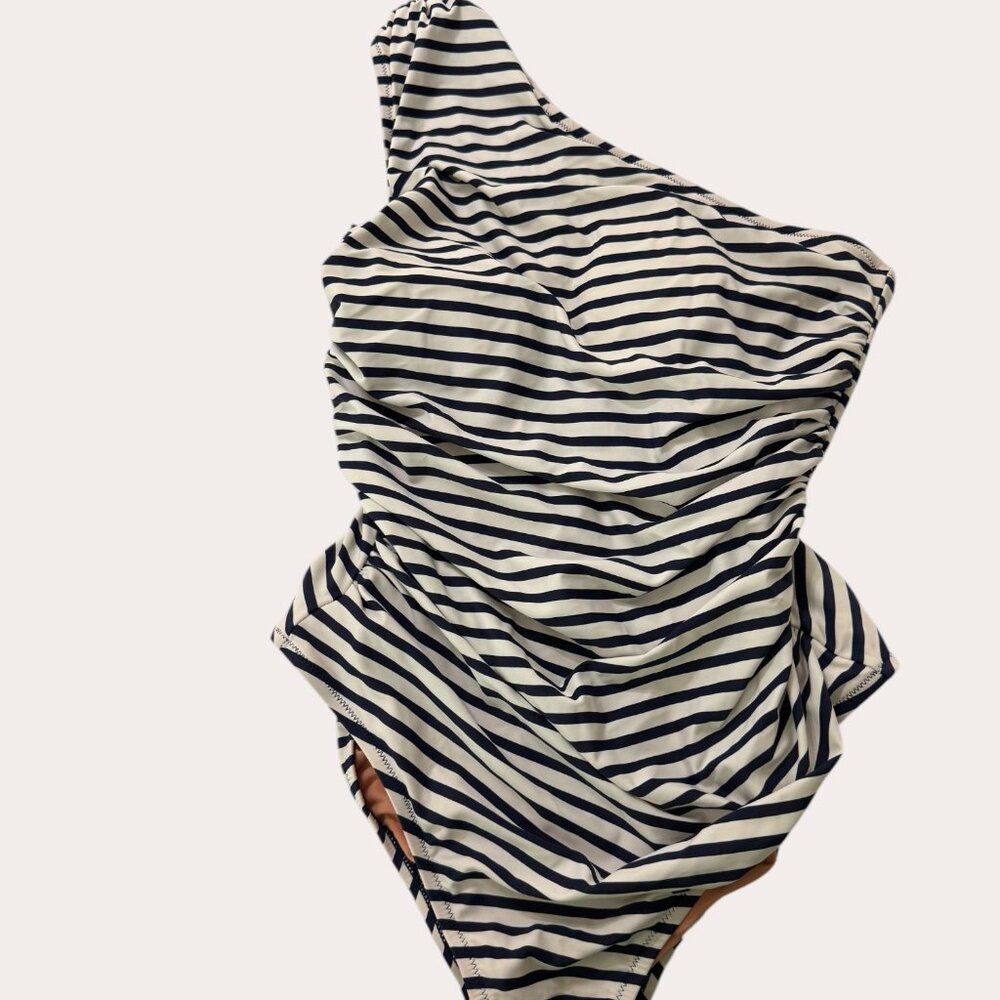 J. Crew One-Shoulder Navy and White Striped One-Piece Swimsuit